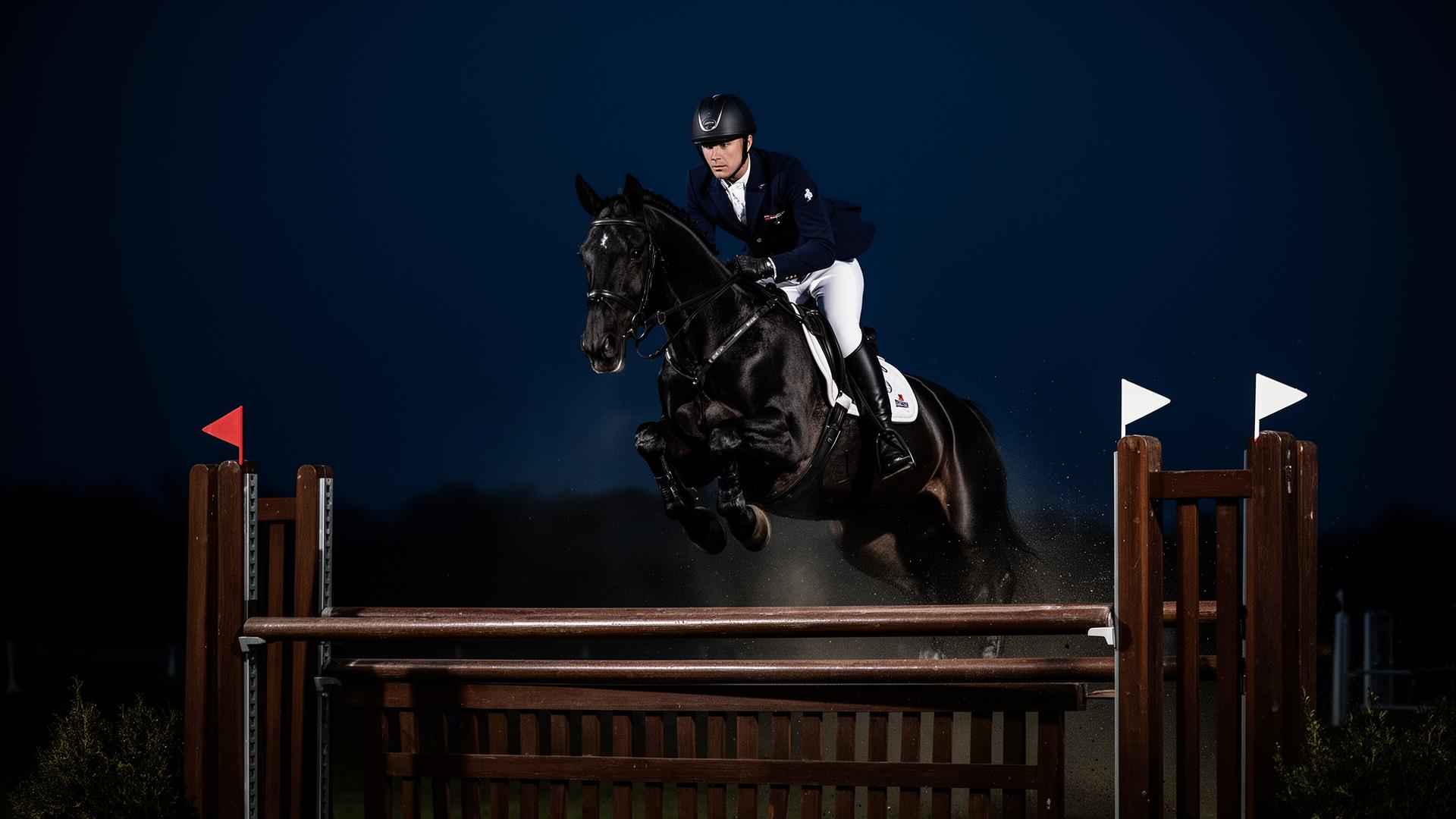 Leo Burton mid-jump on a black show jumping horse